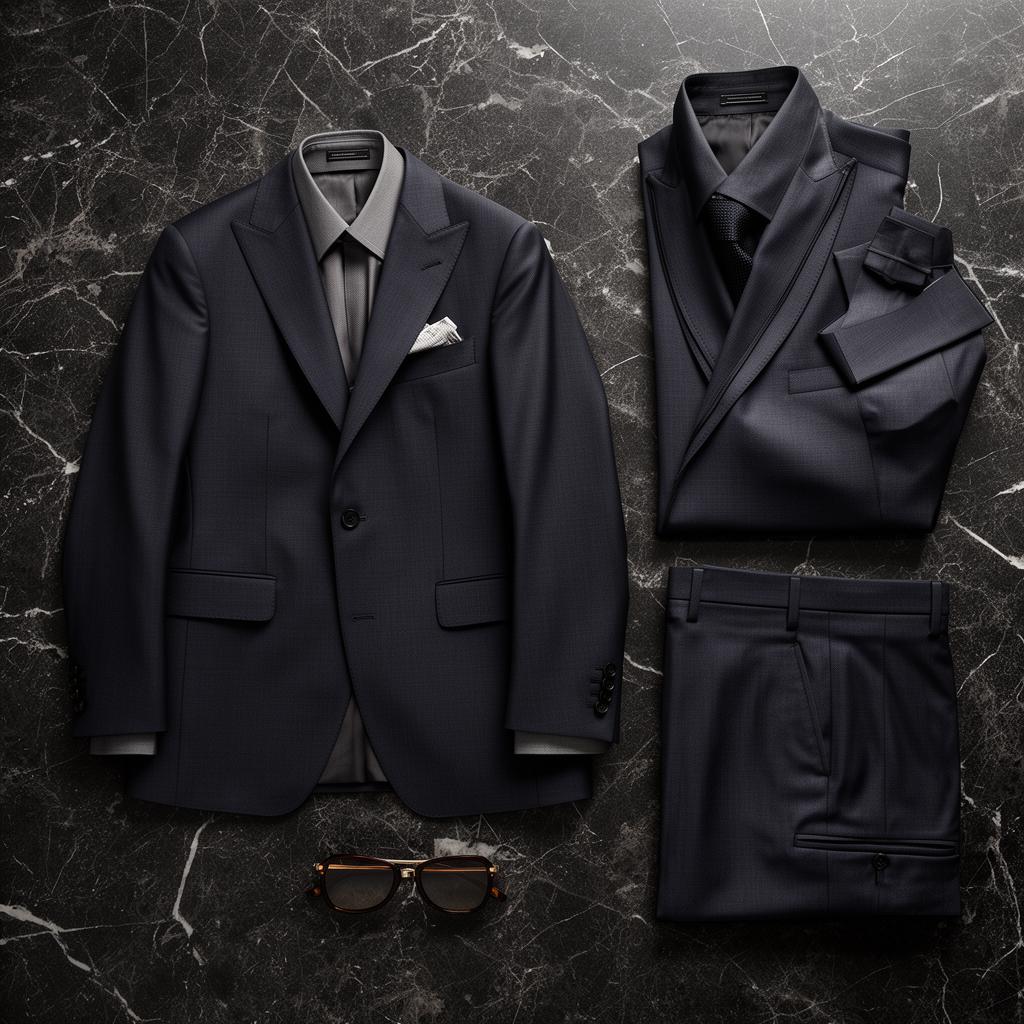 Costume marine, chemise et cravate disposés à plat sur un marbre sombre, avec une paire de lunettes de soleil