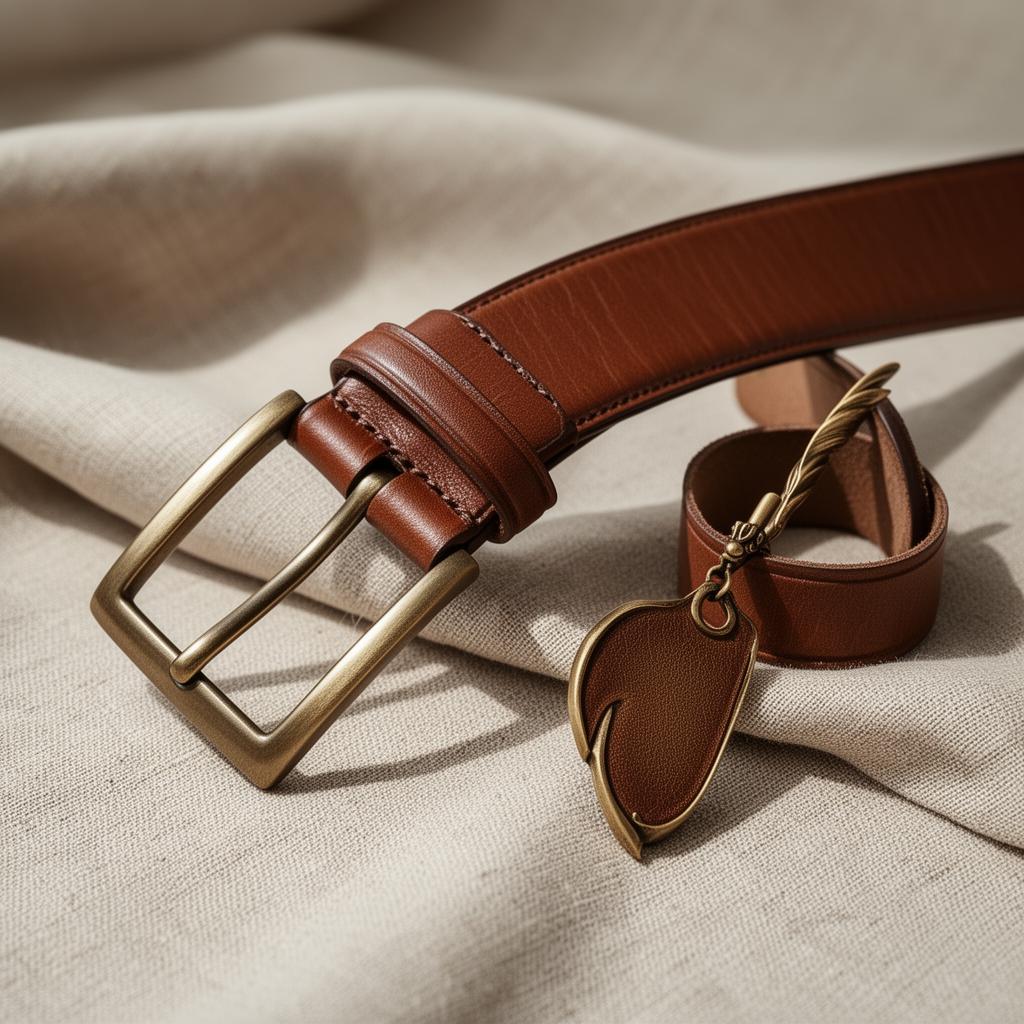Dark brown leather belt with a plain buckle, laid on a linen fabric