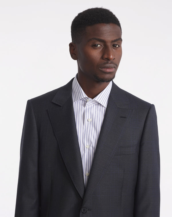 super 130's gray mentor costume with blue checks