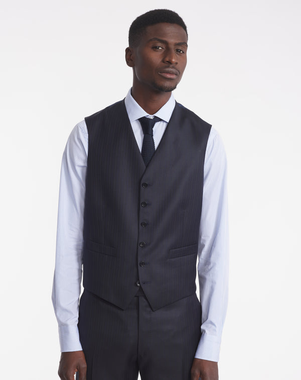 MILLER VEST IN SUPER 110'S MIDNIGHT BLUE WITH DOUBLE TENNIS STRIPES
