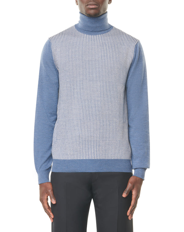 White and blue Jacquard turtleneck jumper in wool MAKSEN 