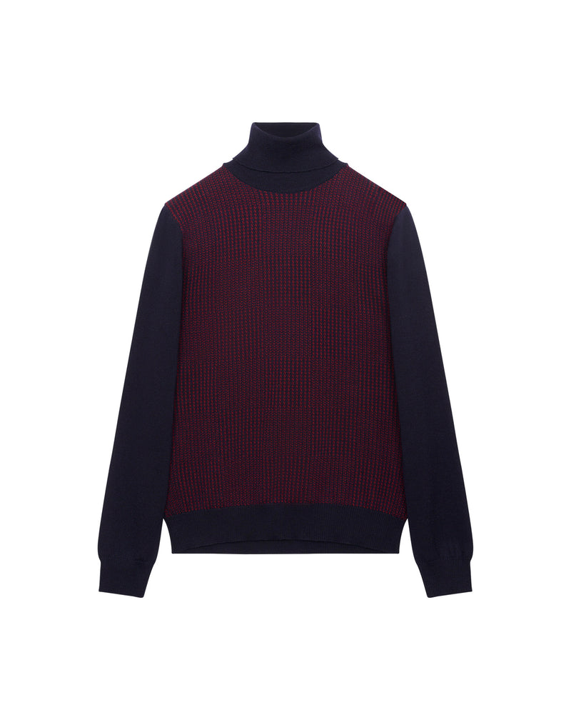 Navy/burgundy Jacquard turtleneck jumper in wool MAKSEN