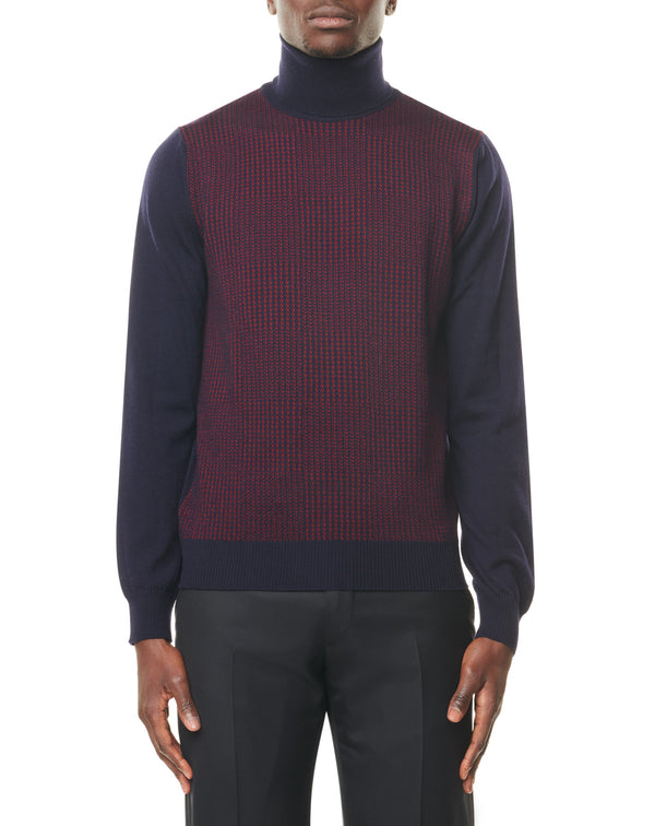 Navy/burgundy Jacquard turtleneck jumper in wool MAKSEN
