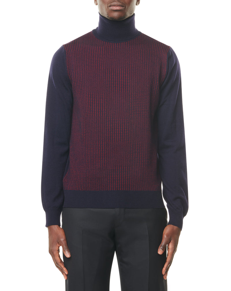 Navy/burgundy Jacquard turtleneck jumper in wool MAKSEN