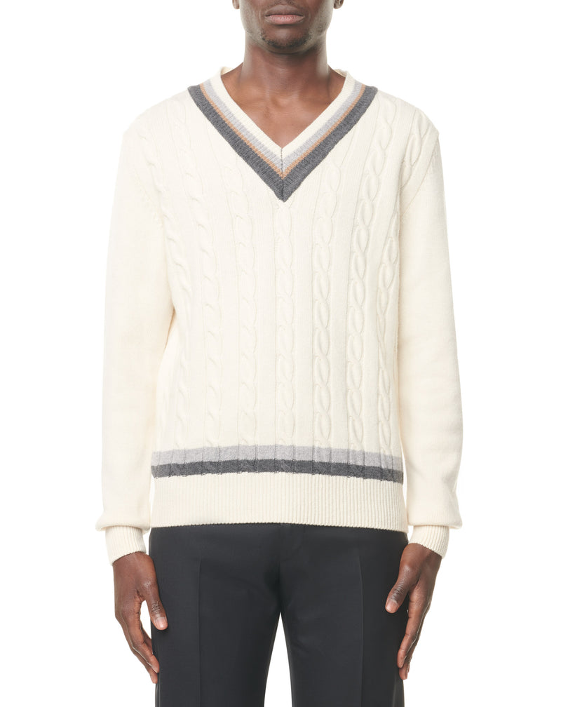 Ecru/grey/camel V-neck twisted jumper in wool and cashmere MERICK 