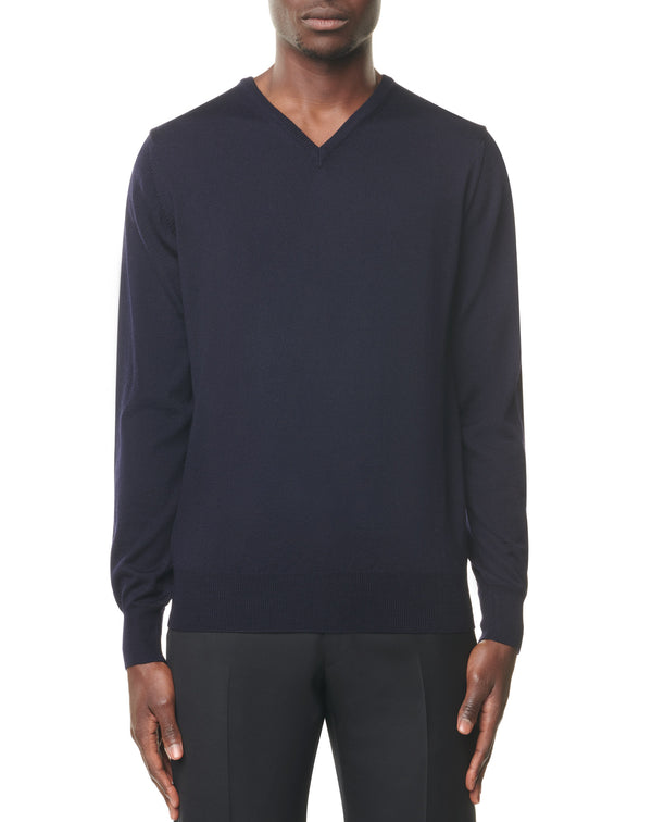 Navy v-neck jumper in Merino wool MATHYS 