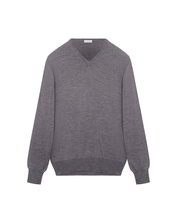 Flannel grey v-neck jumper in Merino wool MATHYS