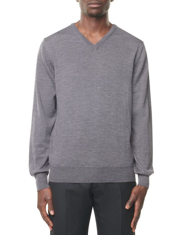 Flannel grey v-neck jumper in Merino wool MATHYS
