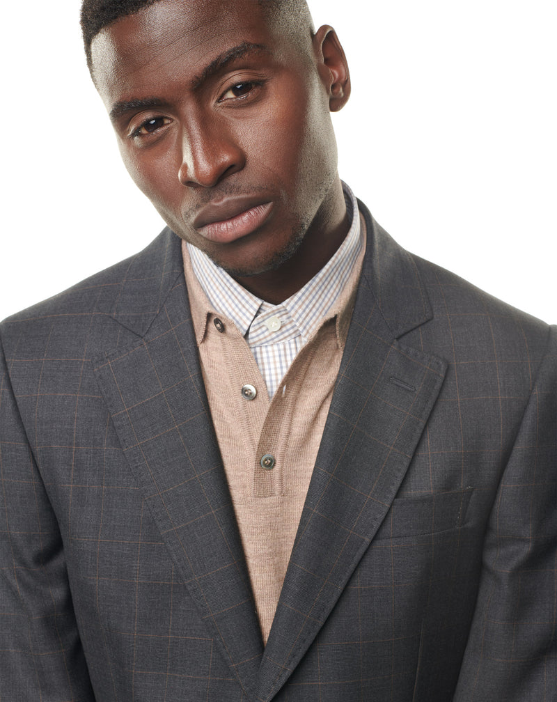 Grey super 150s suit with brown checks and notched collar ELYSEE 
