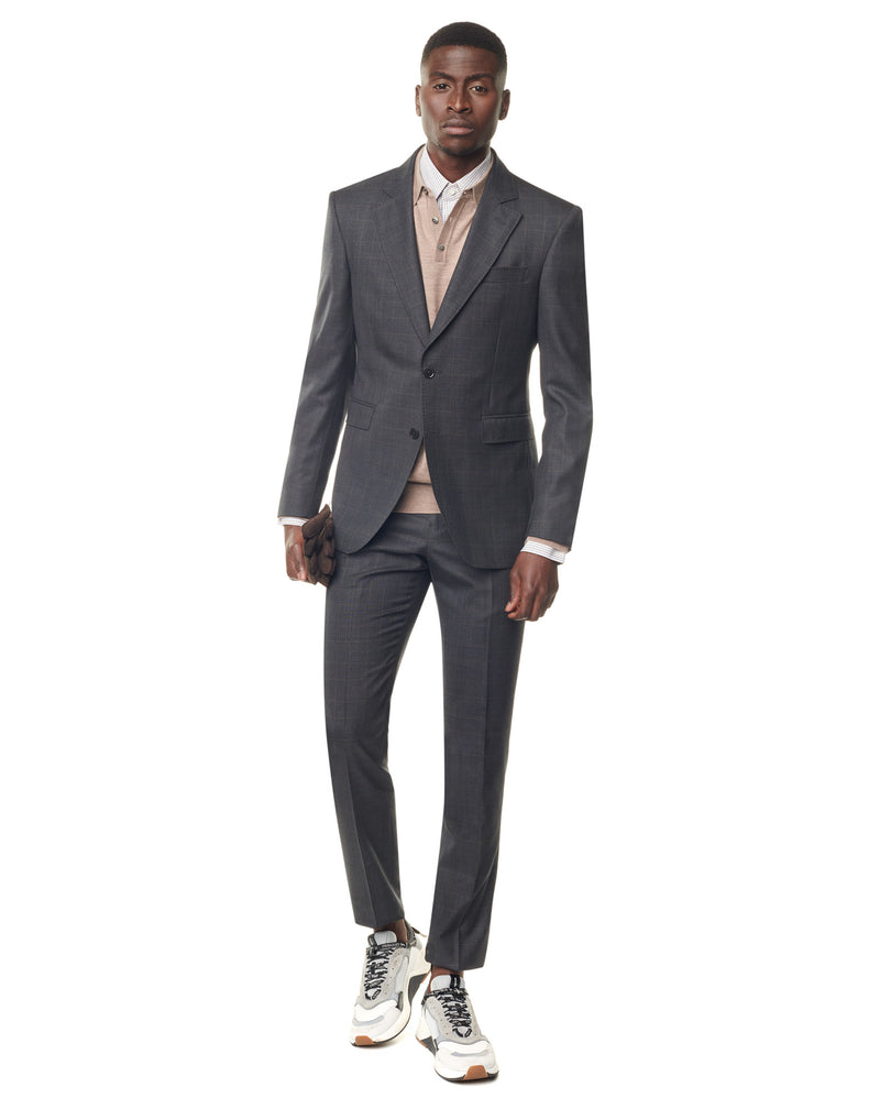 Grey super 150s suit with brown checks and notched collar ELYSEE 