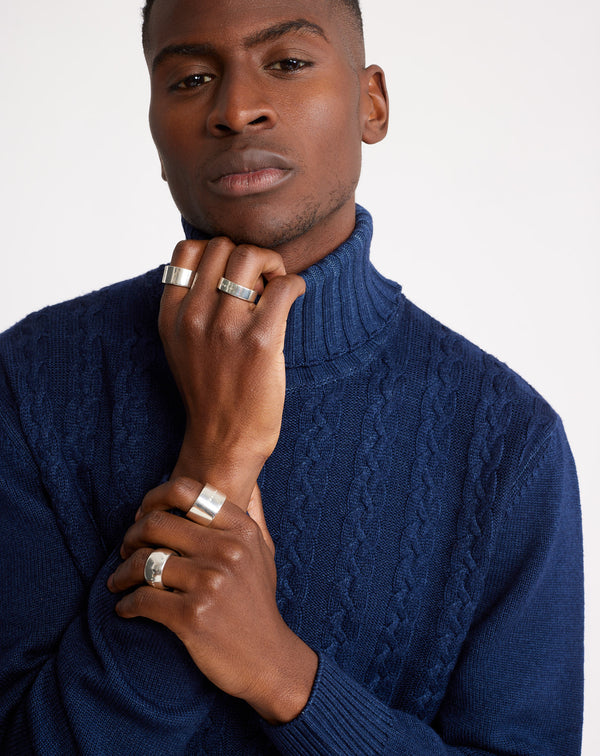Pull laine MENUIRES col roulé torsadé bleu marine