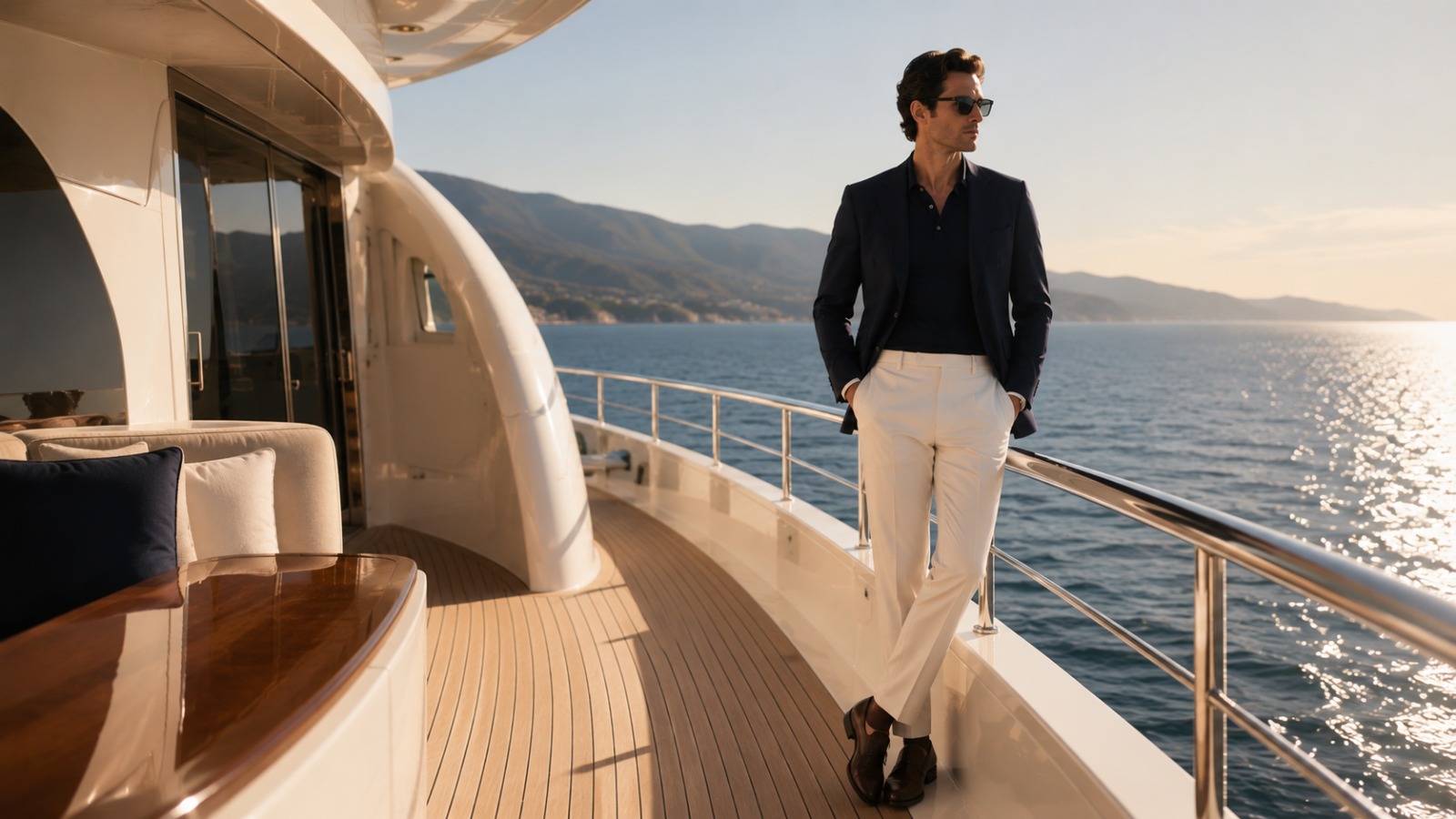 Homme en blazer marine et pantalon crème sur le pont d'un yacht, au coucher du soleil