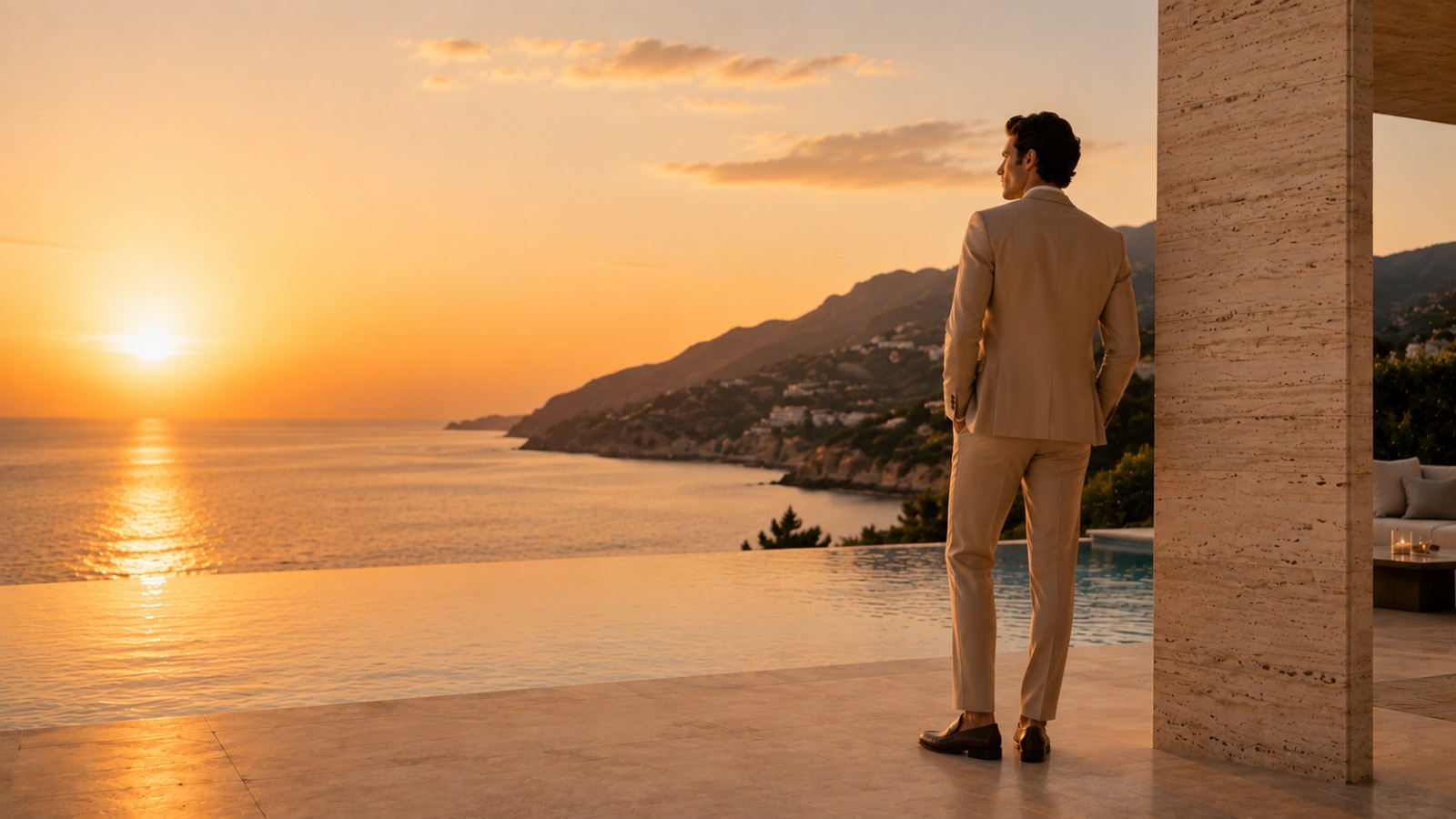 Homme en costume beige de dos, face au coucher de soleil sur une terrasse avec piscine à débordement